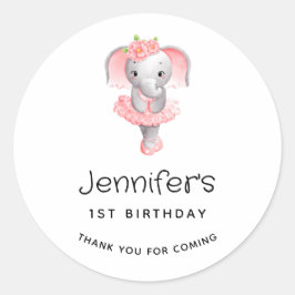 Pegatina Redonda Elefante Rosa y Gris Ballerina Cumpleaños Gracias