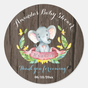 Pegatina Redonda Elefante Rústico Bebé Ducha Azul Gracias A Favor