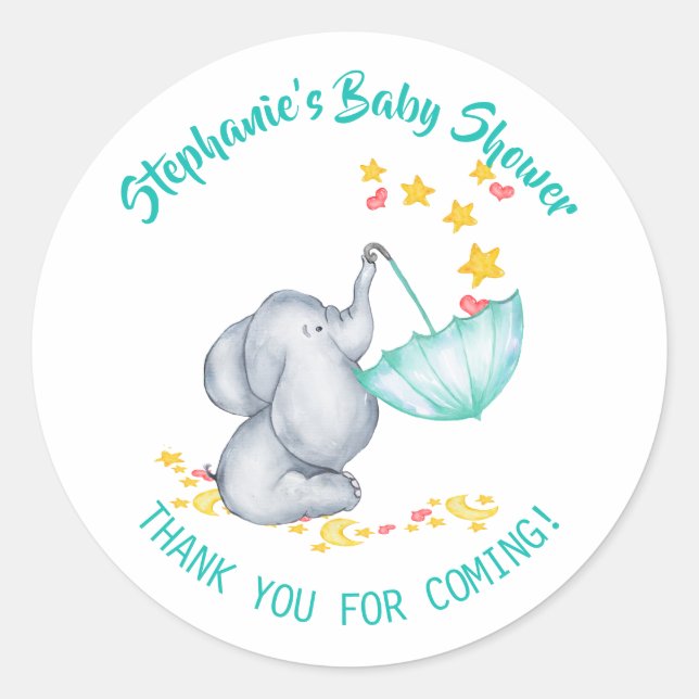 Pegatina Redonda Elefante y estrellas Baby Shower Gracias (Anverso)