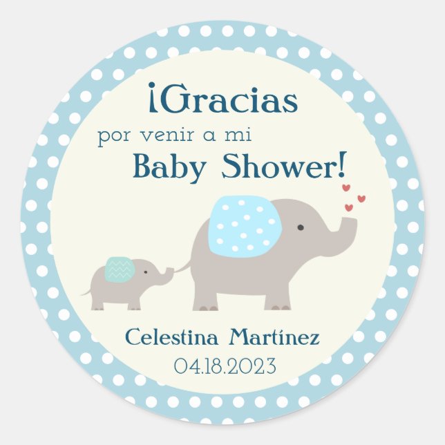 Pegatina Redonda Elefantes Baby Shower/Pegatina Baby Shower en Espa (Anverso)