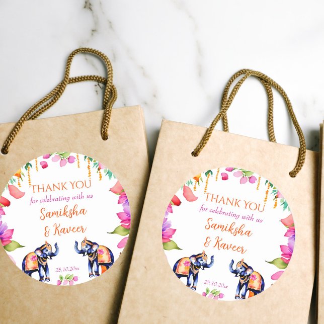 Pegatina Redonda elefantes bodas indios cerizan flores como regalo (Indian wedding elephants cerise flowers wedding favor gift thank you stickers Indian wedding favors)