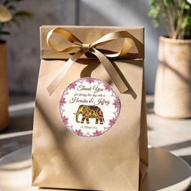 Pegatina Redonda Elefantes de Mandala Frontera con India boda (Mandala elephants Indian border Indian wedding Classic Round Sticker)