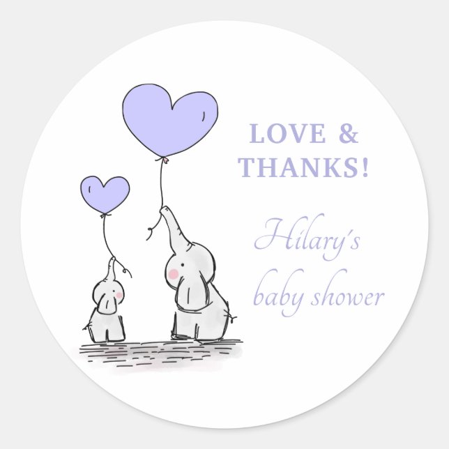 Pegatina Redonda Elefantes | Lilac Balloons Baby Shower Gracias (Anverso)