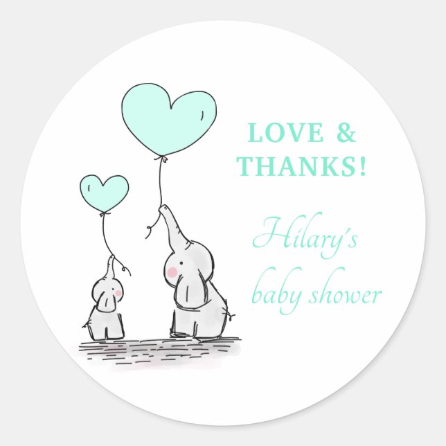 Pegatina Redonda Elefantes | Mint Balloons Baby Shower Gracias (Anverso)