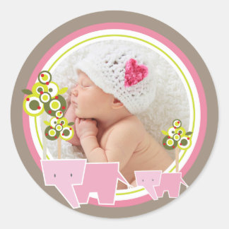 Pegatina Redonda Elefantes Rosas Caprichosos Familia Niña Bebé Foto