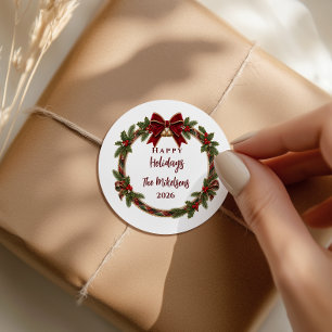 Pegatina Redonda Elegancia Clásica de Tartán de Navidad a Cuadros