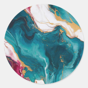 Pegatina Redonda Elegancia de mármol teal y carmesí