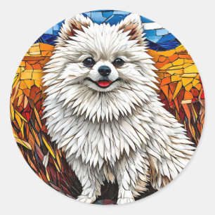 Pegatina Redonda Elegancia esponjosa del perro Spitz japonés 🐾 Lin