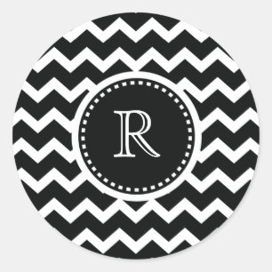 Pegatina Redonda Elegancia retro Zig Zag de Chevron negro y blanco