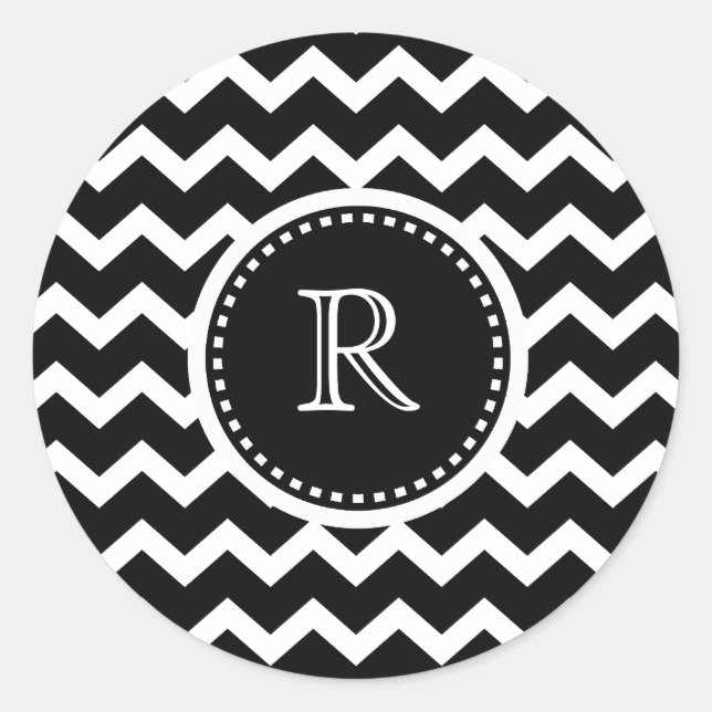 Pegatina Redonda Elegancia retro Zig Zag de Chevron negro y blanco (Anverso)