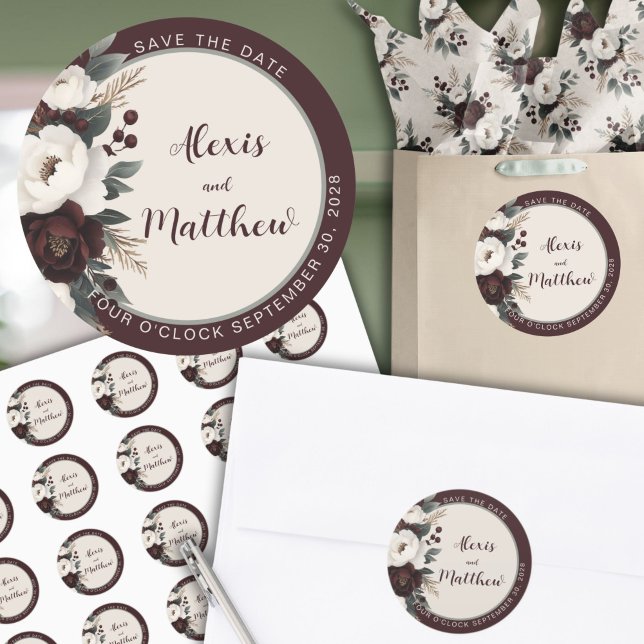 Pegatina Redonda Elegancia Rústica Floral Borgoña Salva La Fecha (Rustic Boho Burgundy Save The Date Wedding Sticker)