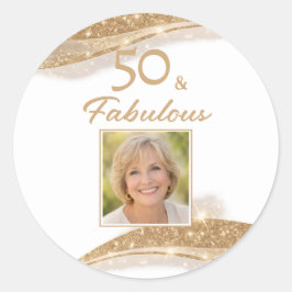 Pegatina Redonda Elegant 50 & Fabulous Gold Photo Birthday 
