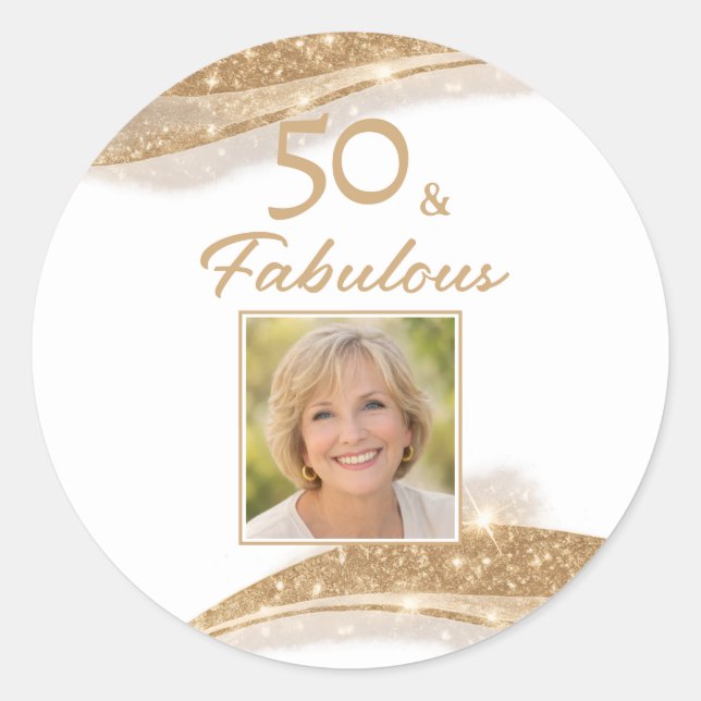 Pegatina Redonda Elegant 50 & Fabulous Gold Photo Birthday  (Anverso)