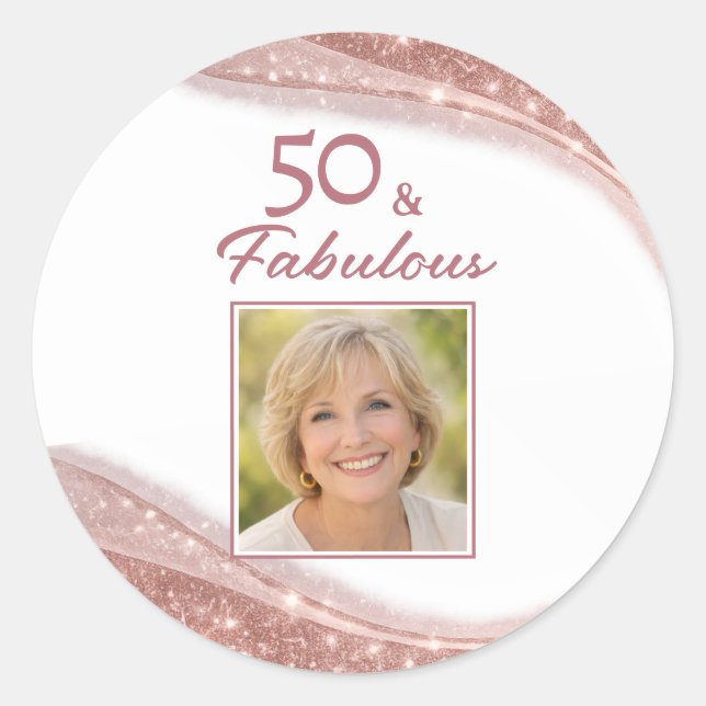 Pegatina Redonda Elegant 50 & Fabulous Rose Gold Photo Birthday  (Anverso)