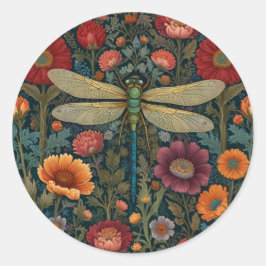 Pegatina Redonda Elegant art nouveau Autumn floral Dragonfly