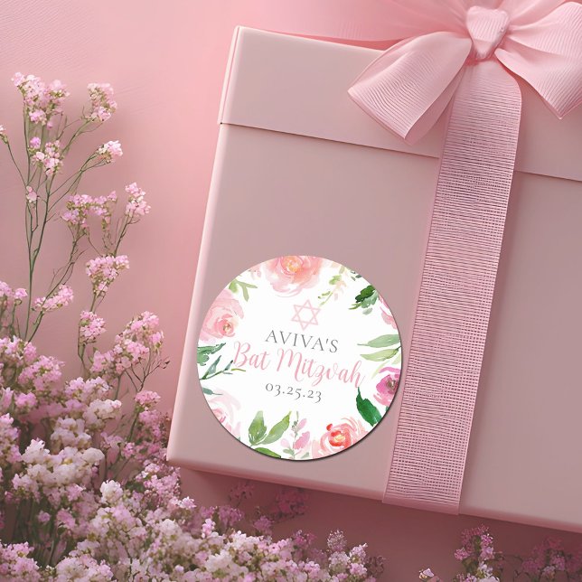 Pegatina Redonda Elegant Bat Mitzvah Party Personalized Pink Floral (Subido por el creador)