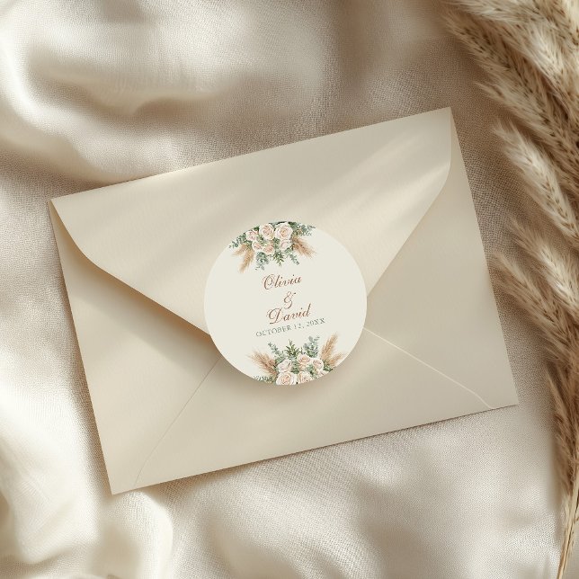 Pegatina Redonda Elegant Beige Pampas Grass Wedding Sticker (Elegant Beige Pampas Grass Wedding Sticker on an elegant envelope)