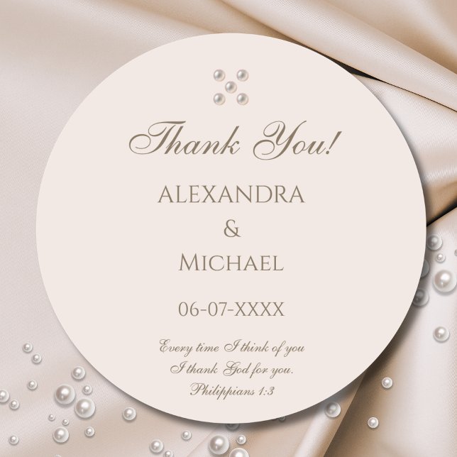 Pegatina Redonda Elegant Beige Pearl Christian Wedding Thank You (Subido por el creador)