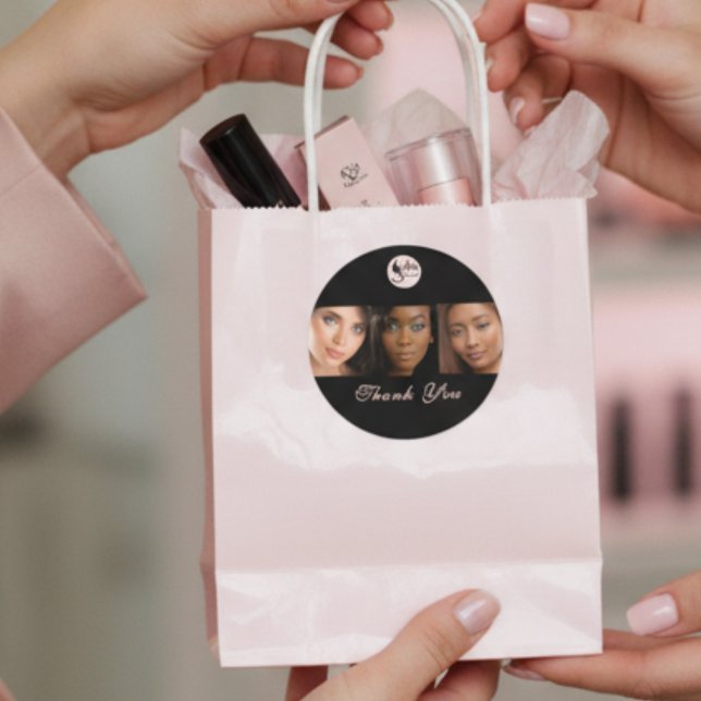 Pegatina Redonda Elegant Black 3 Photo Makeup Business Thank You (Subido por el creador)