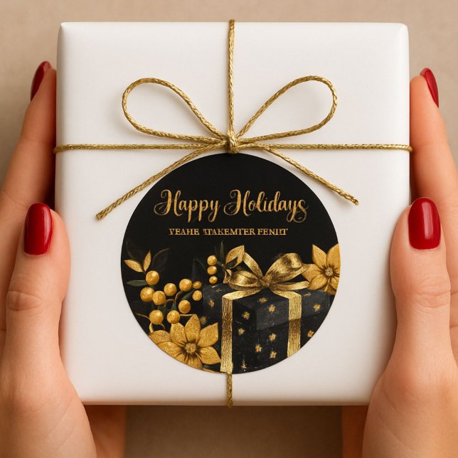 Pegatina Redonda Elegant Black and Gold Happy Holidays Sticker (Subido por el creador)