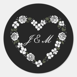 Pegatina Redonda Elegant Black and White Floral Heart Wedding 