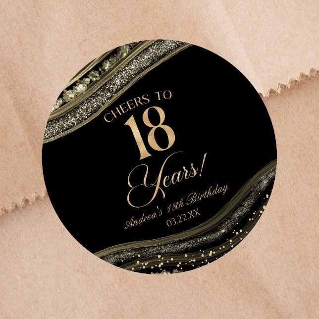 Pegatina Redonda Elegant Black Gold Agate 18th Birthday Party (Subido por el creador)