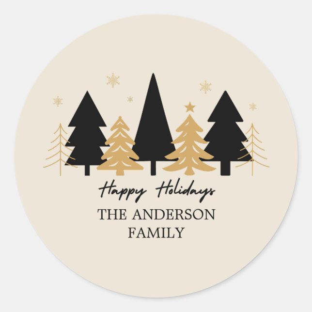 Pegatina Redonda Elegant Black & Gold Christmas Tree (Anverso)