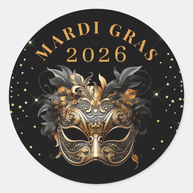 Pegatina Redonda Elegant Black Gold Glitter Mardi Gras 2026 (Anverso)