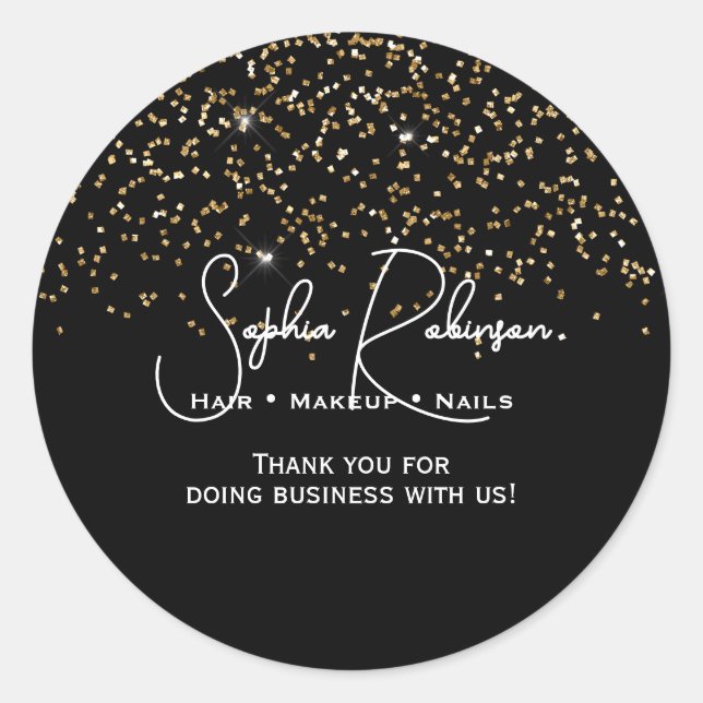 Pegatina Redonda Elegant Black & Gold Glitter Thank You Sticker (Anverso)