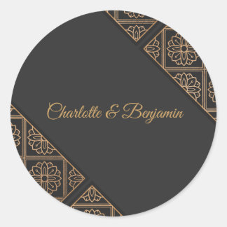 Pegatina Redonda Elegant Black Gold Wedding Favor Sticker