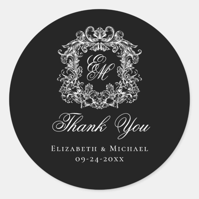 Pegatina Redonda Elegant Black Monogram Wedding Crest Thank You (Anverso)