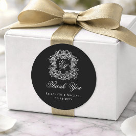 Pegatina Redonda Elegant Black Monogram Wedding Crest Thank You