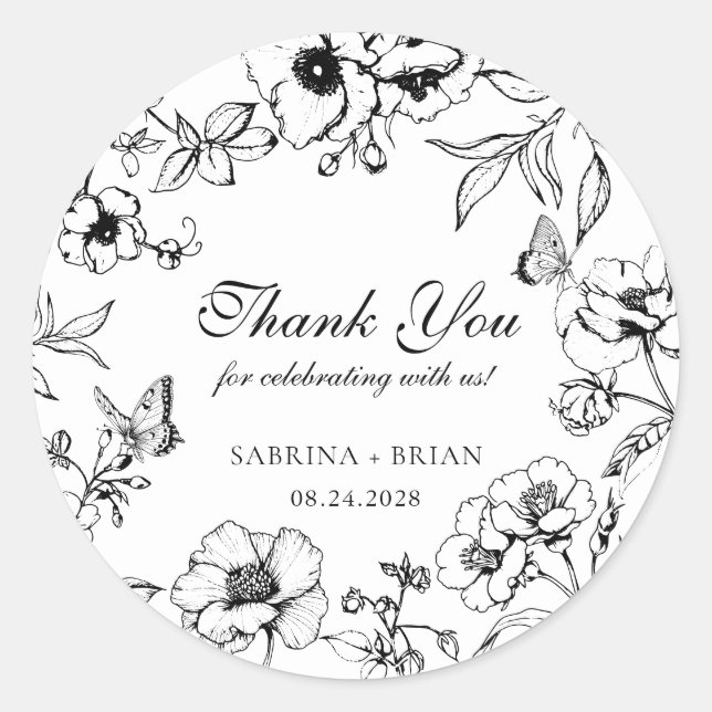Pegatina Redonda Elegant Black White Floral Wedding Thank You (Anverso)