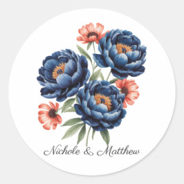 Pegatina Redonda Elegant Blue and Burnt Orange Floral Wedding