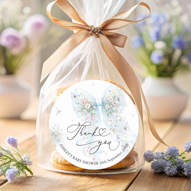Pegatina Redonda Elegant Blue Bow Baby Shower Thank You  (Subido por el creador)