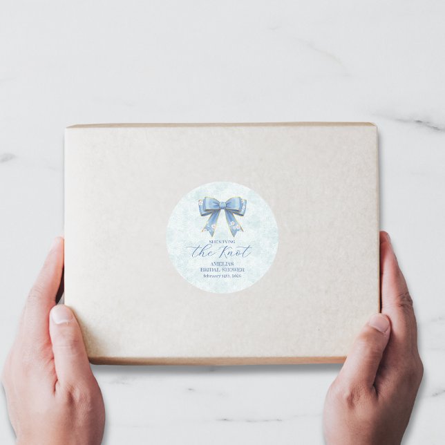 Pegatina Redonda Elegant Blue Bow Engagement Party Invitation (Subido por el creador)