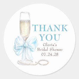 Pegatina Redonda Elegant Blue Bow Prosecco Bridal Shower Thank You