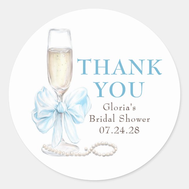 Pegatina Redonda Elegant Blue Bow Prosecco Bridal Shower Thank You (Anverso)