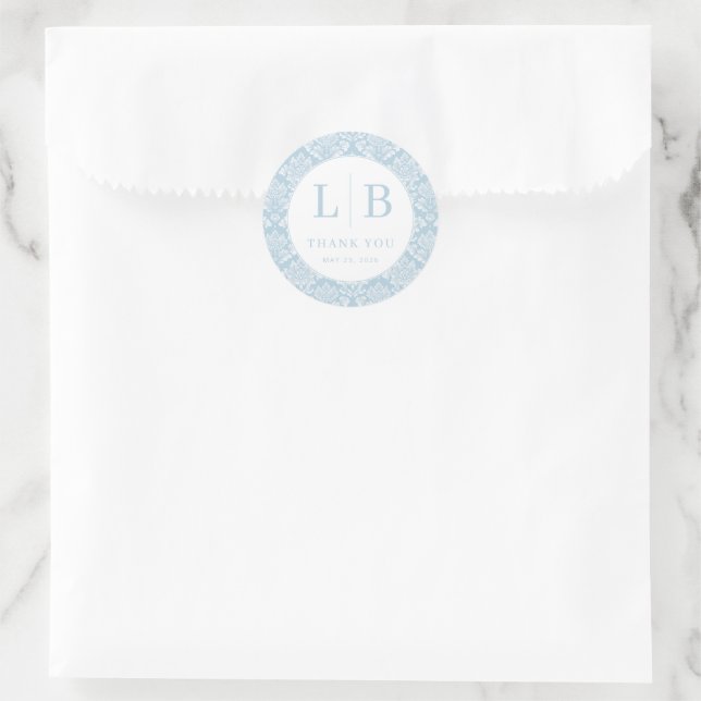 Pegatina Redonda Elegant Blue Damask Initials (Bolso)