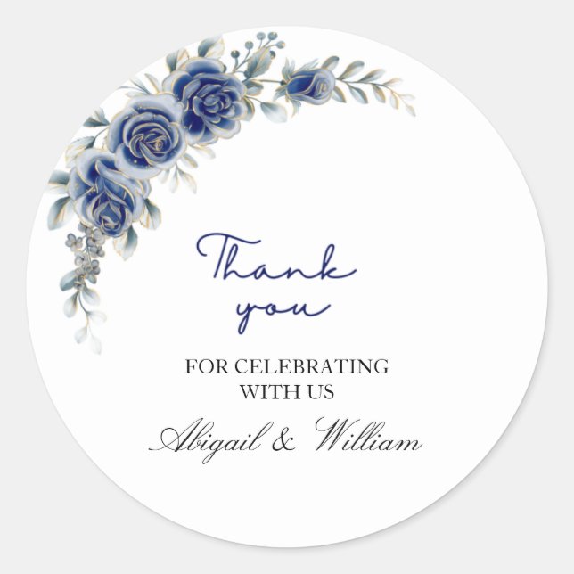 Pegatina Redonda Elegant Blue Floral & Botanical Wedding Stickers  (Anverso)