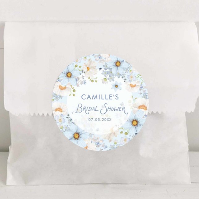 Pegatina Redonda Elegant Blue Floral Bridal Shower Round Sticker (blue Floral bridal shower round sticker)