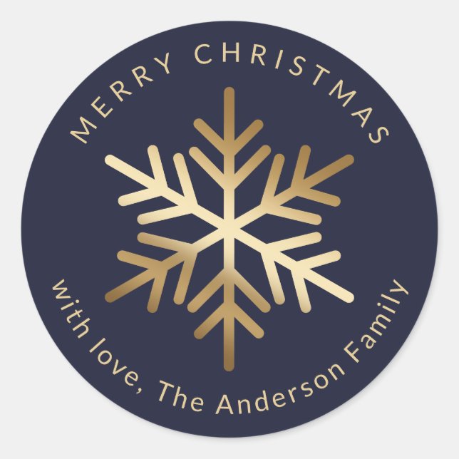 Pegatina Redonda Elegant Blue Gold Snowflake Christmas (Anverso)