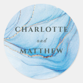Pegatina Redonda Elegant Blue & Gold Wedding Invitation 