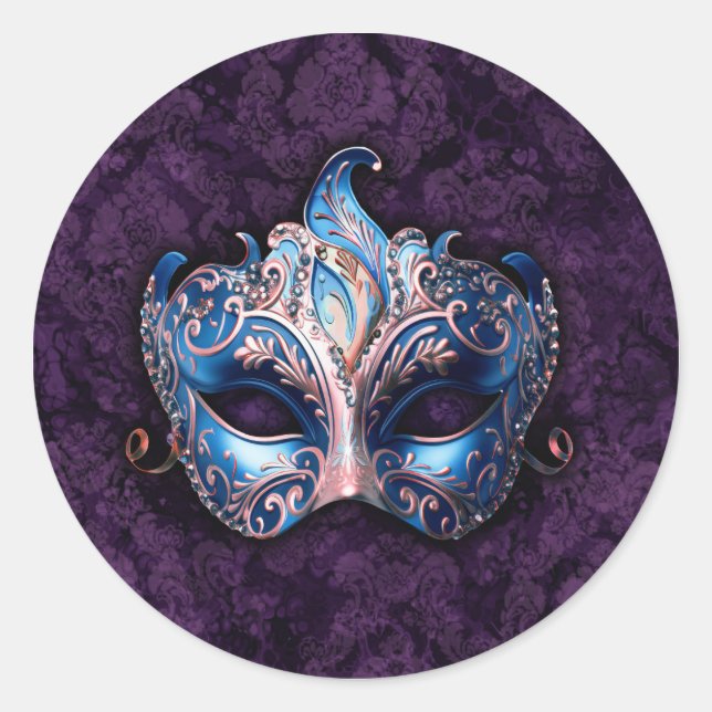 Pegatina Redonda Elegant Blue Masquerade Mask (Anverso)