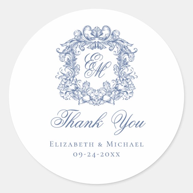 Pegatina Redonda Elegant Blue Monogram Wedding Crest Thank You (Anverso)