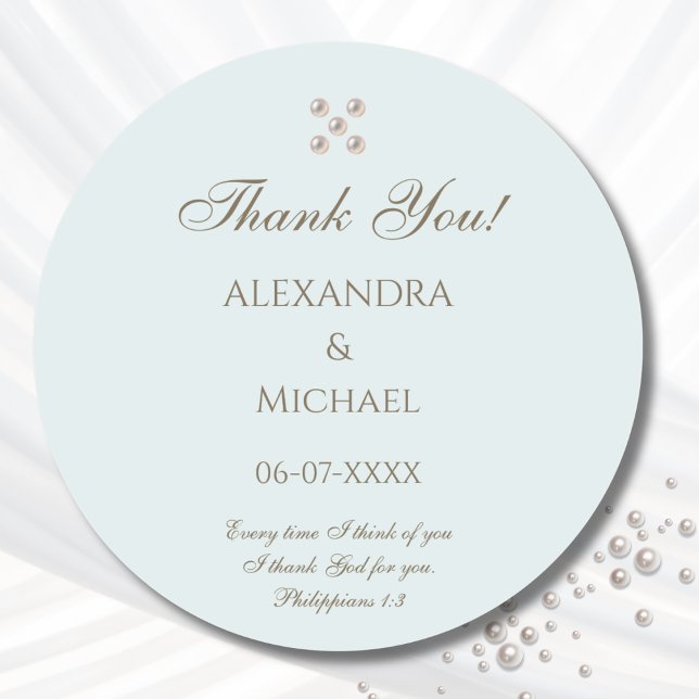 Pegatina Redonda Elegant Blue Pearl Christian Wedding Thank You (Subido por el creador)