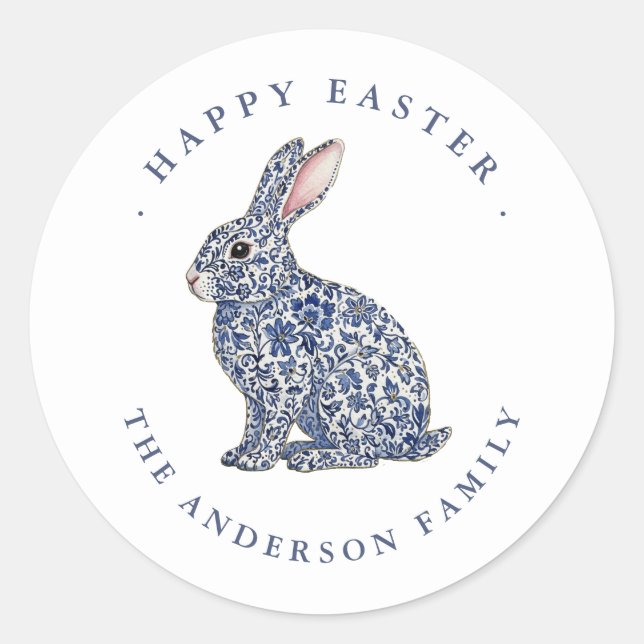 Pegatina Redonda Elegant Blue & White Bunny Happy Easter Label  (Anverso)