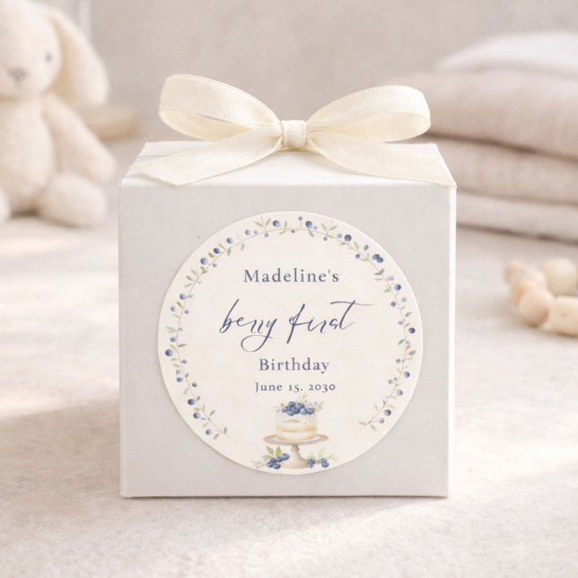 Pegatina Redonda Elegant Blueberry Berry First Birthday (Subido por el creador)