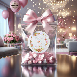 Pegatina Redonda Elegant Blush Dahlias Golden Script Wedding