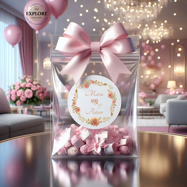 Pegatina Redonda Elegant Blush Dahlias Golden Script Wedding (Subido por el creador)